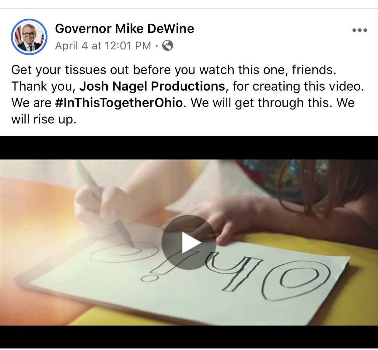 Governor Mike DeWine's public post sharing We Can Do This.